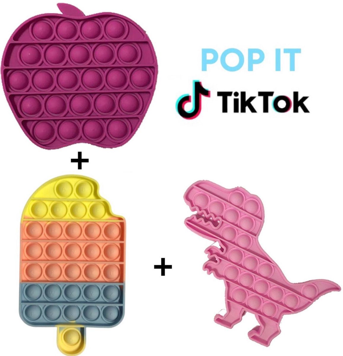 Pop it fidget toys | Toy pakket set 3 in 1 appel paars + regenboog ijsje + dino roze | Tiktok trend 2021 | Anti stress